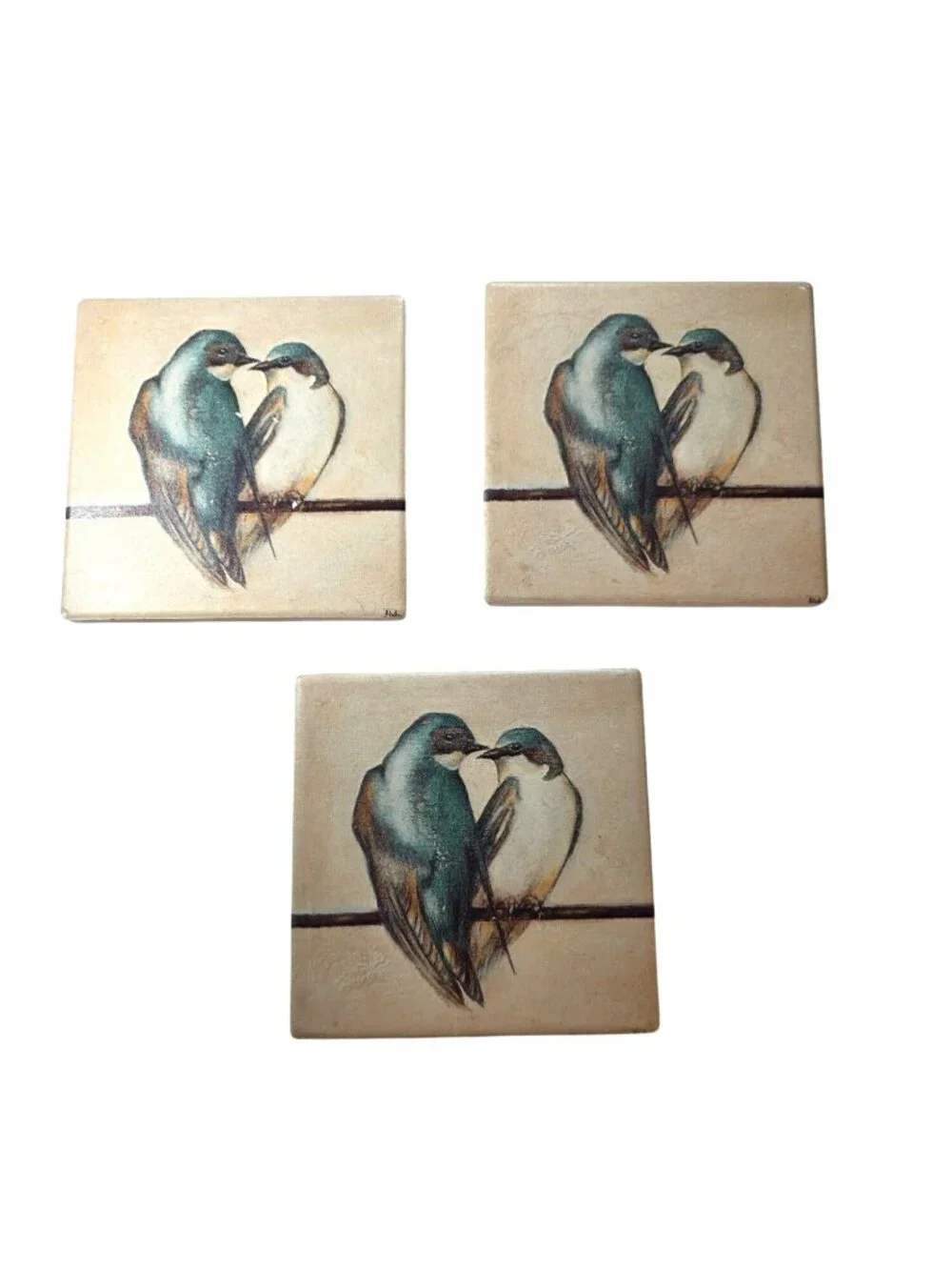 Set Of 3 Square Ceramic Bird Coasters Cork Backing  Blue White Love Bird